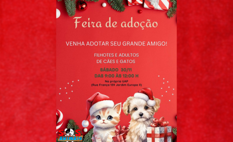 SOS Animais realiza feira de adoção de cães e gatos neste sábado (30)