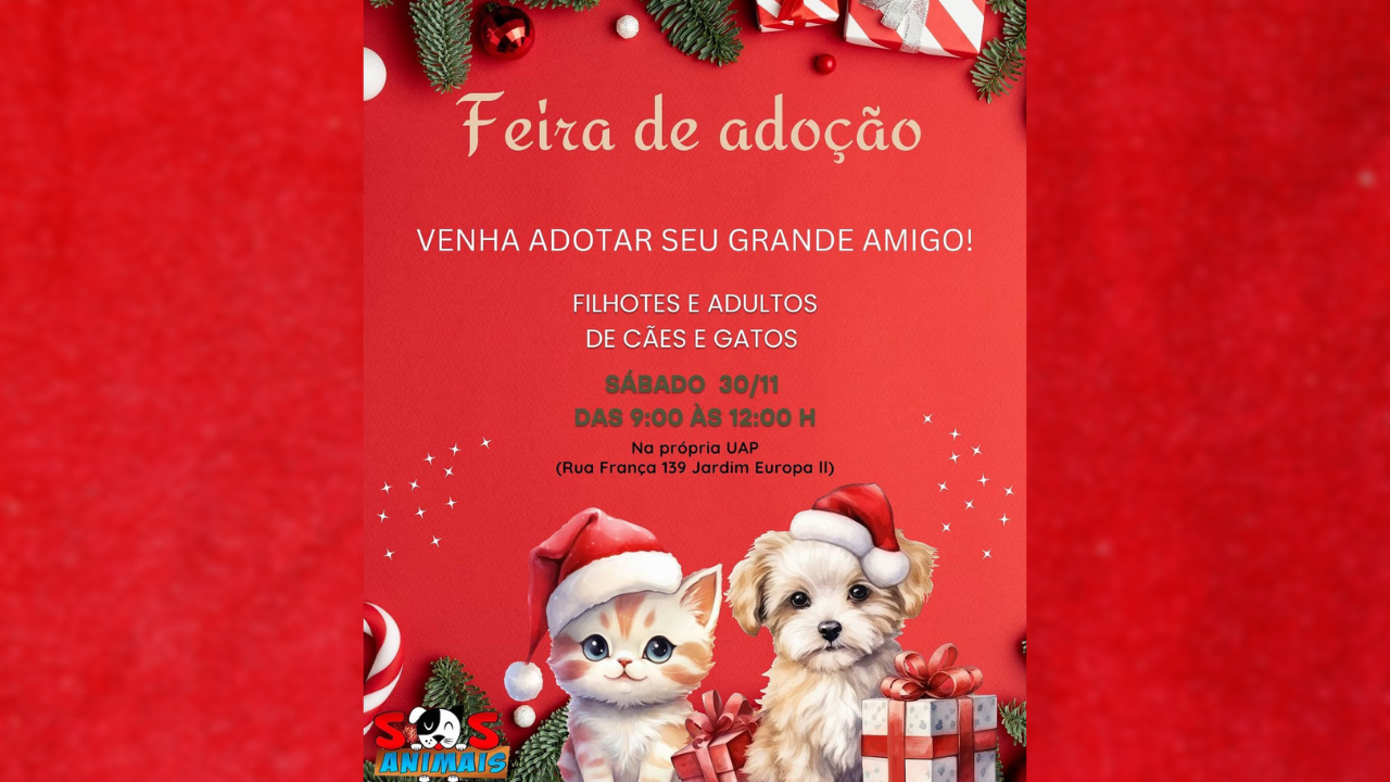 SOS Animais realiza feira de adoção de cães e gatos neste sábado (30)