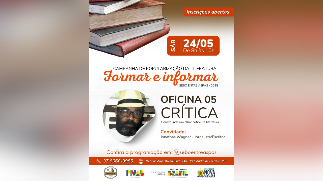 Sebo Entre Aspas promove oficina sobre crítica literária com o escritor e Jonathas Wagner