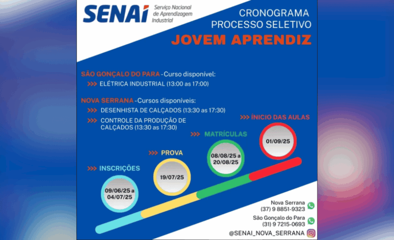 SENAI abre inscrições para processo seletivo de Jovem Aprendiz em Nova Serrana e São Gonçalo do Pará
