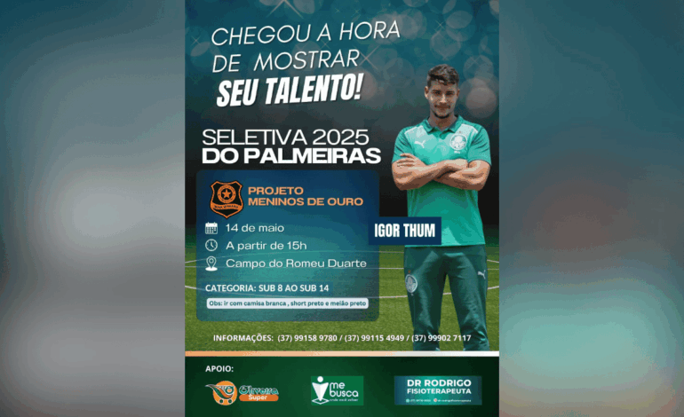 Projeto Meninos de Ouro terá seletiva do Palmeiras em Nova Serrana nesta quarta-feira, 14 de maio