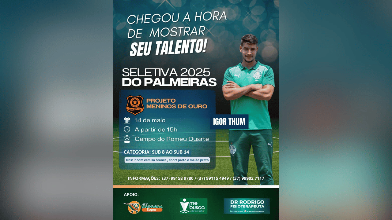 Projeto Meninos de Ouro terá seletiva do Palmeiras em Nova Serrana nesta quarta-feira, 14 de maio