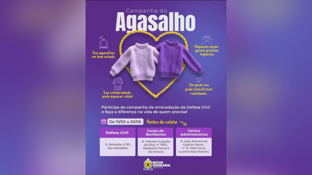 Campanha do Agasalho 2025: Nova Serrana arrecada agasalhos e cobertores até 20 de junho
