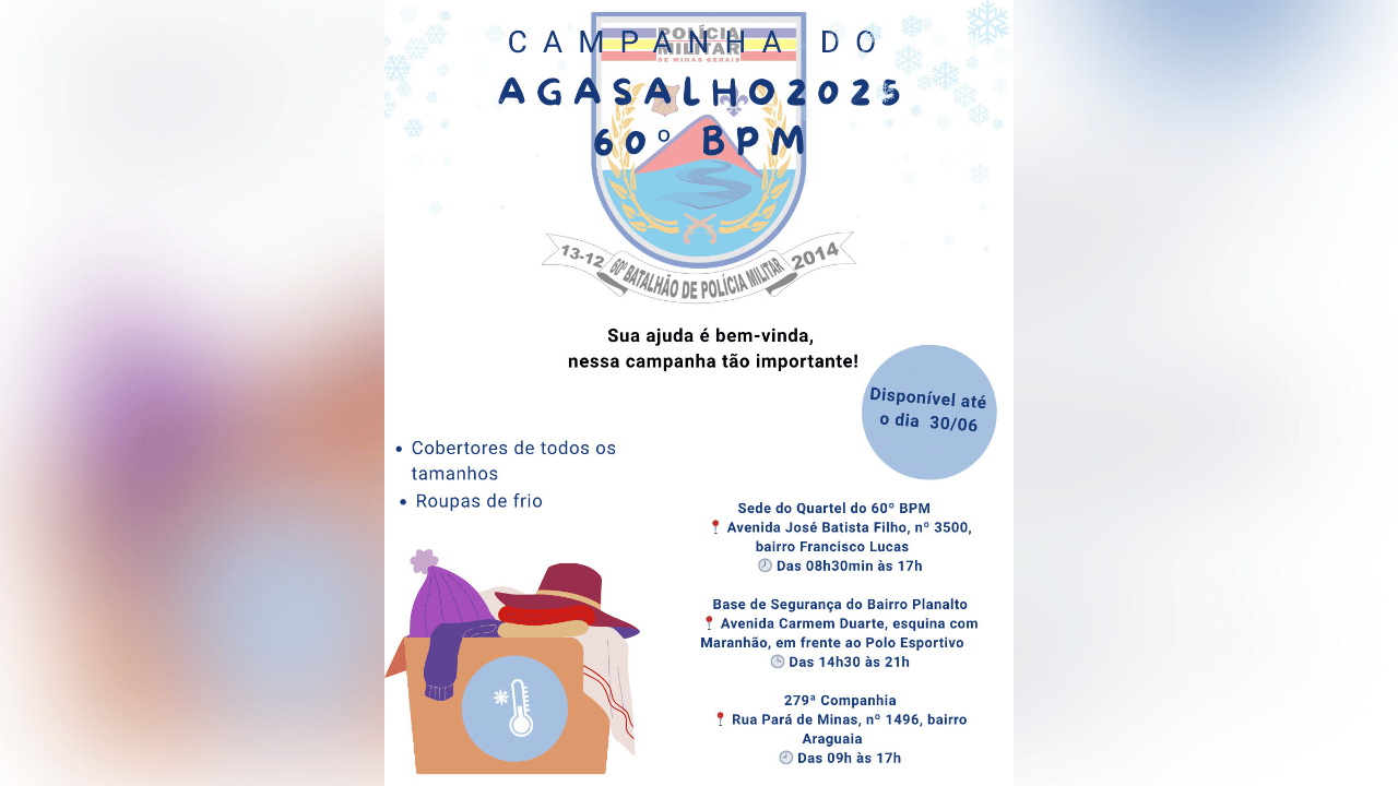 60º Batalhão da PM realiza Campanha do Agasalho com pontos de coleta em Nova Serrana e cidades vizinhas