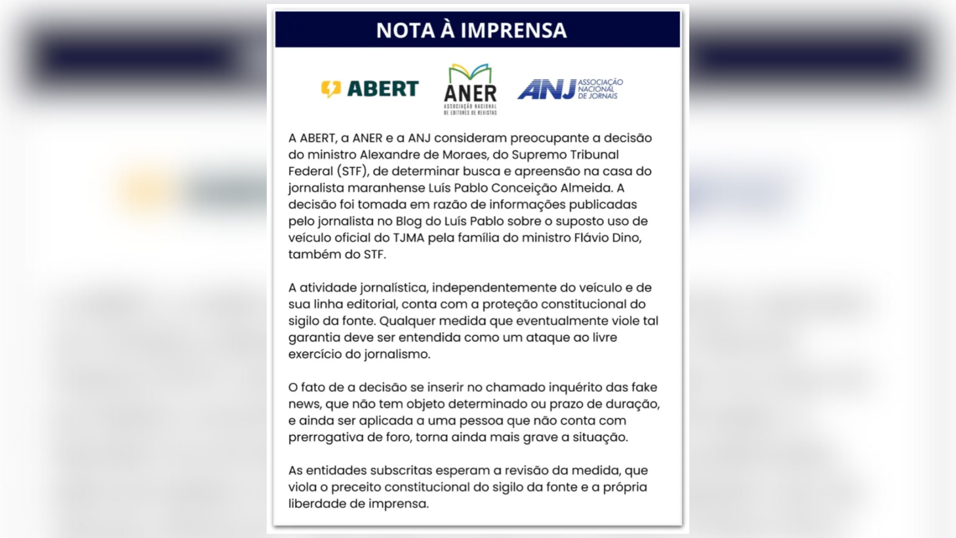 Entidades da imprensa criticam busca e apreensão contra jornalista determinada por Moraes