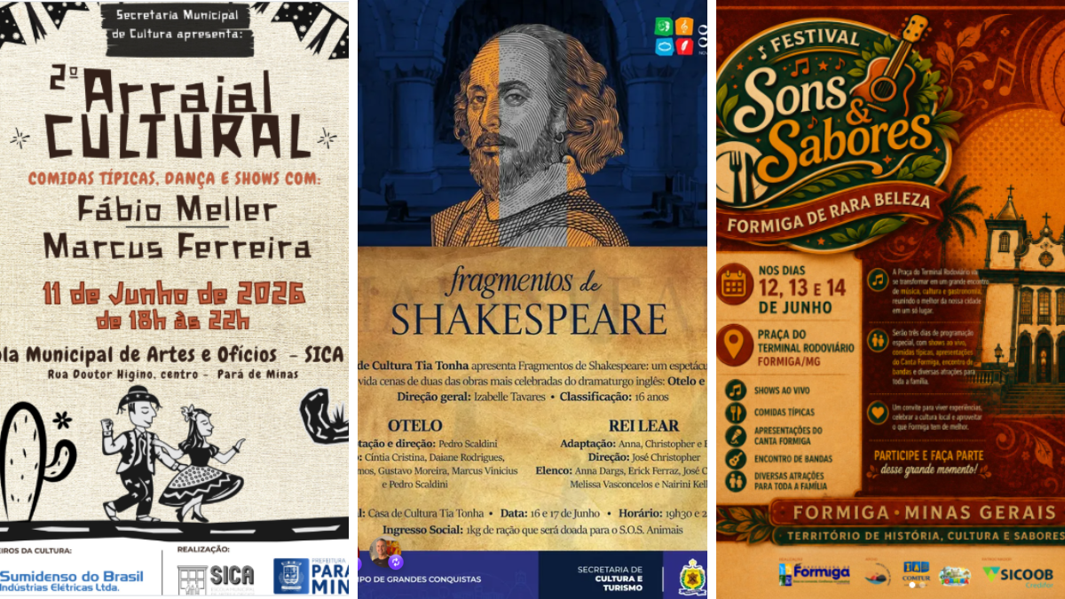 Agenda cultural: Pará de Minas, Nova Serrana e Formiga recebem arraiá, teatro e festival gastronômico