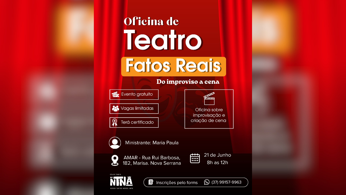 Nova Serrana recebe oficina gratuita de teatro no próximo domingo (21)