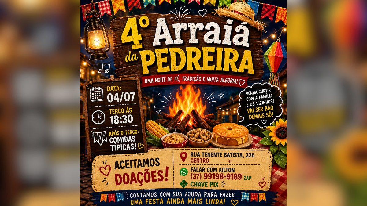 4º Arraiá da Pedreira acontece no sábado, 4 de julho, com programação religiosa e comidas típicas