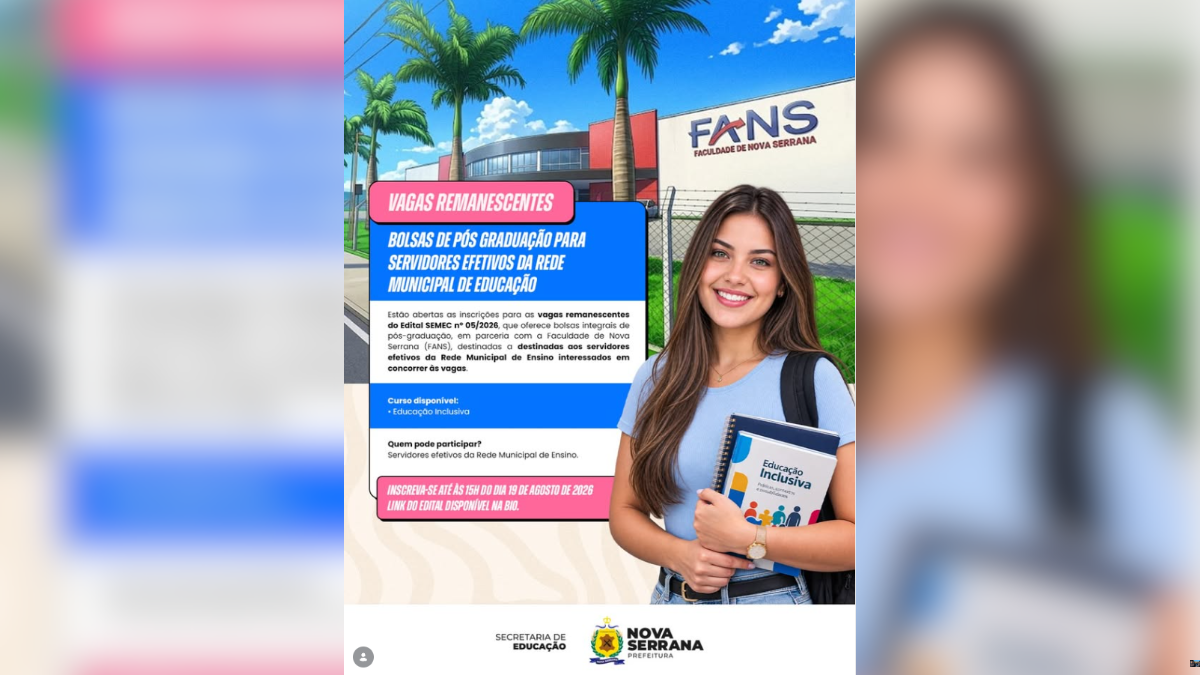 Nova Serrana abre vagas remanescentes para bolsas integrais de pós-graduação a servidores da Educação