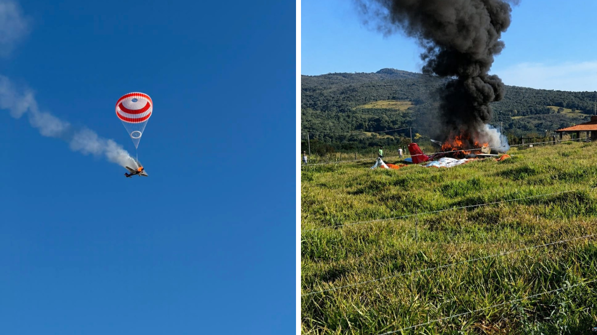 Avião cai após incêndio em Mateus Leme e deixa piloto ferido