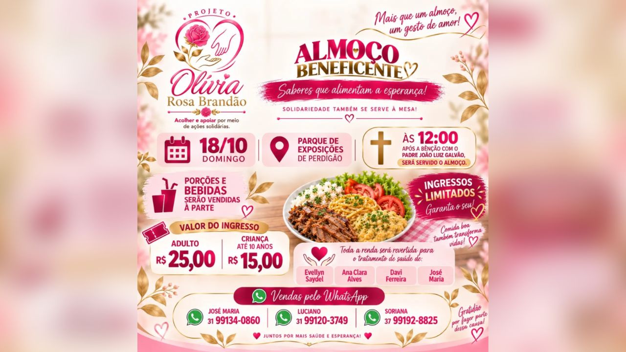 Almoço beneficente em Perdigão vai ajudar quatro famílias de Nova Serrana e região
