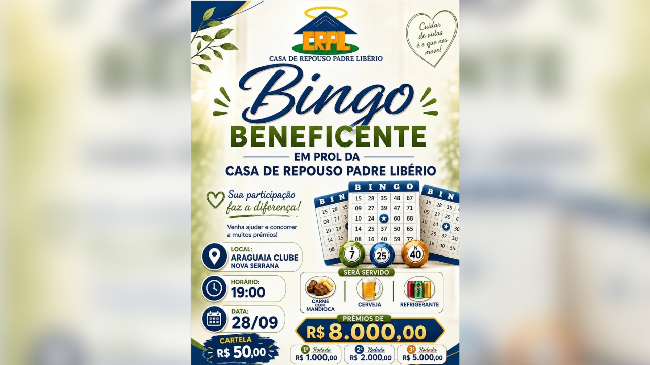 Bingo em prol da Casa de Repouso Padre Libério terá três rodadas e R$ 8 mil em prêmios