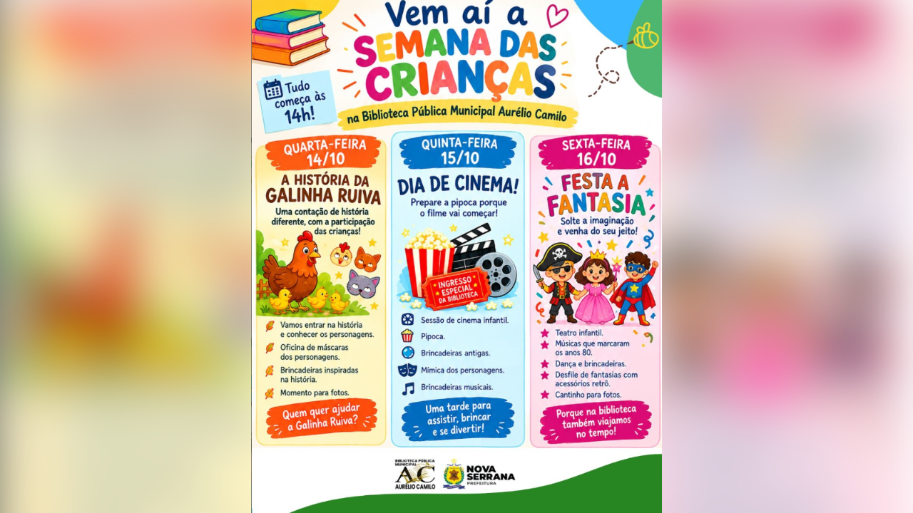 Biblioteca de Nova Serrana promove Semana das Crianças com cinema, contação de histórias e festa à fantasia