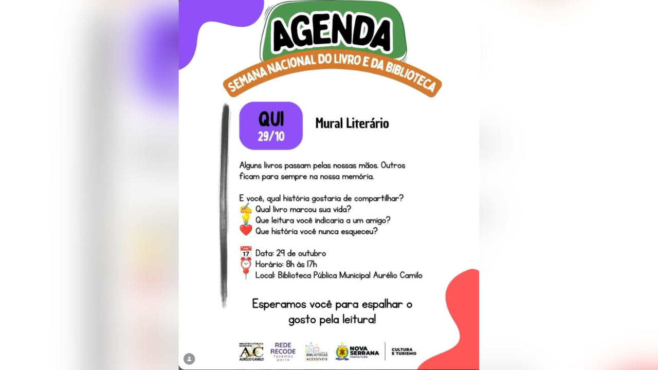 Biblioteca de Nova Serrana promove Mural Literário nesta quinta-feira (29) durante Semana Nacional do Livro e da Biblioteca